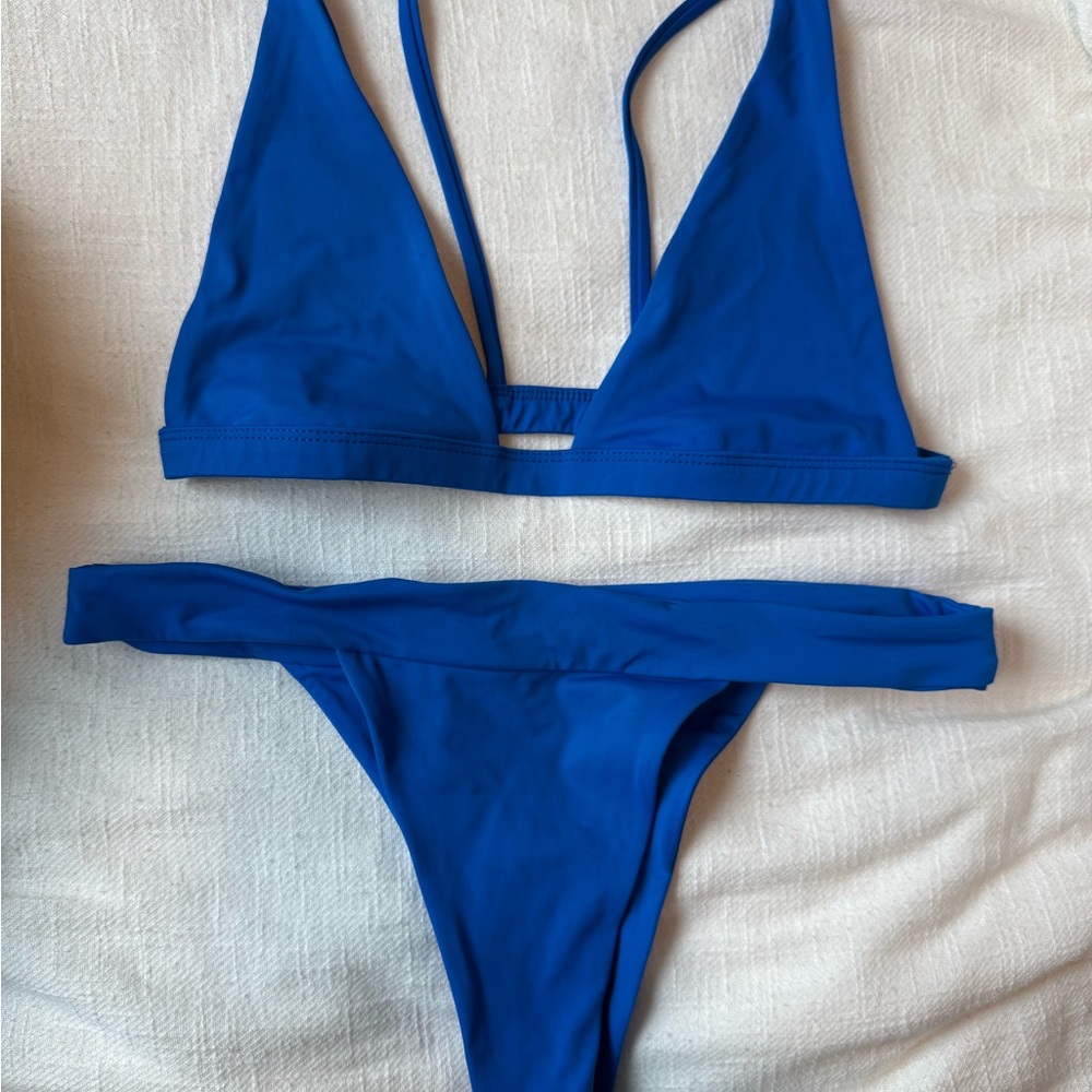 Vibrant Blue Triangle Bikini with Minimal Thong